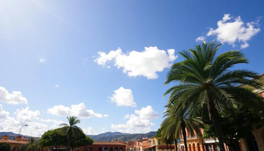 A sun-drenched landscape in Barquisimeto, Venezuela, on a pleasant spring day. Fluffy white clouds drift across a brilliant blue sky. In the foreground, lush palm trees sway gently in a light breeze, their fronds casting dappled shadows on the cobblestone streets below. In the middle ground, colorful colonial-style buildings line the bustling plazas, their red-tiled roofs and ochre facades glowing warmly in the golden afternoon light. The background features rolling hills and distant mountains, their slopes blanketed in vibrant green vegetation. The overall atmosphere is one of tranquility and inviting charm, perfectly capturing the pleasant climate and seasonal delights of this captivating Venezuelan city.