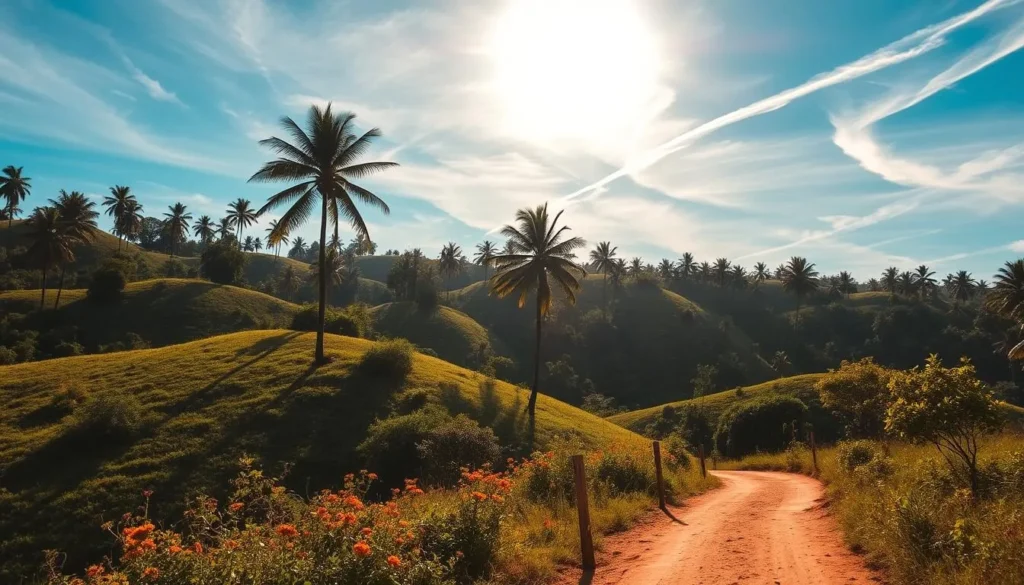 A sun-drenched landscape in French Guiana during the dry season. Gently rolling hills covered in lush, verdant foliage, dotted with towering palm trees casting long shadows. In the foreground, a winding dirt path leads the eye deeper into the tranquil scene, flanked by vibrant wildflowers in bloom. The sky is a brilliant azure, with wispy clouds drifting lazily overhead, illuminated by warm, golden sunlight filtering through the canopy. The overall atmosphere is one of serene, natural beauty, capturing the essence of this unique tropical region during its drier months.