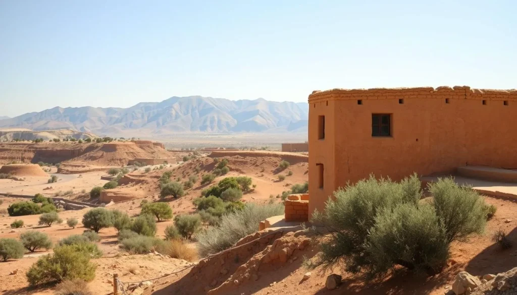 A sun-drenched landscape in Jordan, showcasing the country's diverse and arid climate. In the foreground, a traditional mud-brick building stands tall, its intricate architectural details casting shadows across the sun-baked earth. In the middle ground, rolling hills dotted with hardy shrubs and olive trees stretch out, hinting at the rugged, desert-like terrain. The background features a majestic mountain range, its peaks illuminated by the warm, golden light of a clear sky. The scene exudes a sense of timelessness and tranquility, capturing the essence of Jordan's captivating natural beauty.