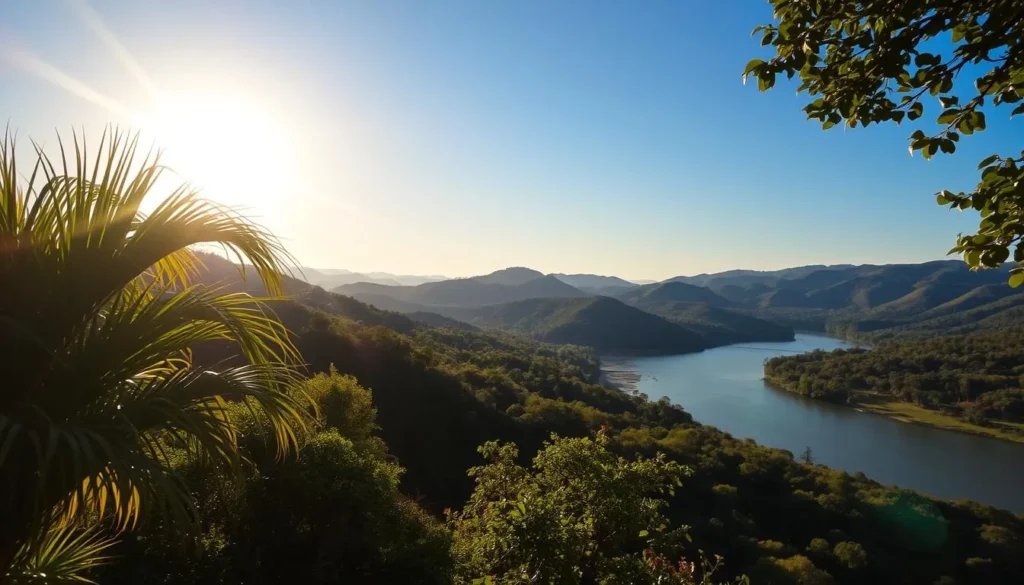 A sun-drenched landscape in Kanchanaburi, Thailand during the hot season. In the foreground, lush tropical foliage sways gently in the warm breeze. The middle ground features a winding river, its shimmering surface reflecting the intense azure sky above. In the distance, rolling hills rise up, their verdant slopes bathed in a golden glow. The lighting is crisp and clear, casting long shadows across the scene. The overall mood is one of tranquility and heat, perfectly capturing the essence of Kanchanaburi in the March to June timeframe.