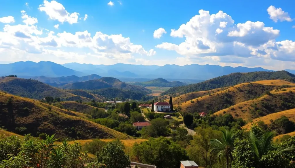 A sun-drenched landscape in Paraguay, with rolling hills and lush vegetation in the foreground. In the middle ground, a small village nestled among the trees, its tiled roofs and whitewashed walls glowing in the warm light. In the distance, majestic mountains rise up, their peaks bathed in a hazy blue hue. The sky is a brilliant azure, dotted with fluffy white clouds. The overall atmosphere is one of tranquility and natural beauty, capturing the ideal time to visit this South American gem.