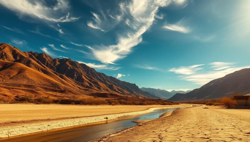 A sun-drenched landscape in Venezuela during the peak dry season. Rugged mountains rise in the distance, their slopes dotted with sparse vegetation. In the foreground, a parched river bed winds through the arid terrain, its cracked earth reflecting the intense heat. Wispy clouds drift across a brilliant blue sky, casting gentle shadows on the scene below. The warm, golden light bathes the scene, creating a sense of tranquility and timelessness. The overall atmosphere conveys the harsh yet captivating beauty of Venezuela's peak dry season, from December to February.