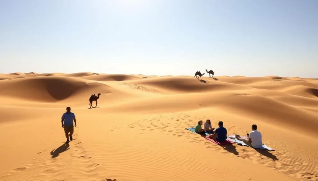 A sun-drenched landscape of rolling sand dunes in Medanos de Coro National Park, Venezuela. In the foreground, a group of adventurous tourists explore the vast desert, trekking across the undulating golden sands. In the middle ground, a family takes a break, relaxing on colorful blankets and enjoying a picnic under the warm, clear sky. In the distance, a lone camel stands silhouetted against the horizon, adding to the serene, otherworldly atmosphere. The scene is bathed in soft, natural lighting, captured with a wide-angle lens to emphasize the scale and grandeur of the stunning natural environment.