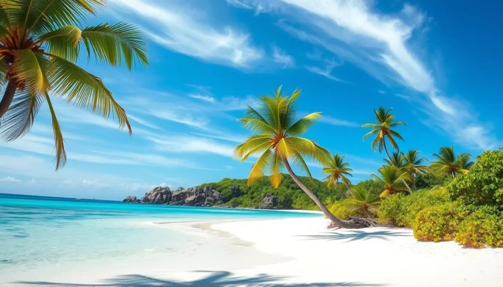 A sun-drenched landscape of the Salvation Islands during the dry season. In the foreground, a pristine white sand beach meets the tranquil turquoise waters of the Atlantic Ocean. Gently swaying palm trees line the shore, casting soft shadows on the ground. In the middle ground, lush tropical foliage and rocky outcroppings create a picturesque backdrop. The sky is a brilliant azure, with wispy clouds drifting overhead. The overall scene exudes a sense of serene, natural beauty, perfectly capturing the best time to visit this idyllic French Guianese archipelago.