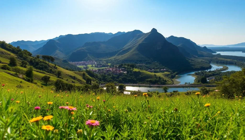 A sun-drenched landscape showcasing the lush hills and meandering rivers that define the geographical charm of Belgaum, Karnataka. In the foreground, a verdant field dotted with vibrant wildflowers sways gently in the breeze. The middle ground reveals a quaint village nestled amidst towering peaks, their rugged cliffs casting dramatic shadows across the scene. In the distance, a shimmering lake reflects the azure sky, framed by a canopy of verdant trees. The lighting is soft and diffused, capturing the serene and inviting atmosphere of this picturesque region. Captured through a wide-angle lens, the composition showcases the harmonious blend of natural beauty and human settlement that characterizes the captivating essence of Belgaum.