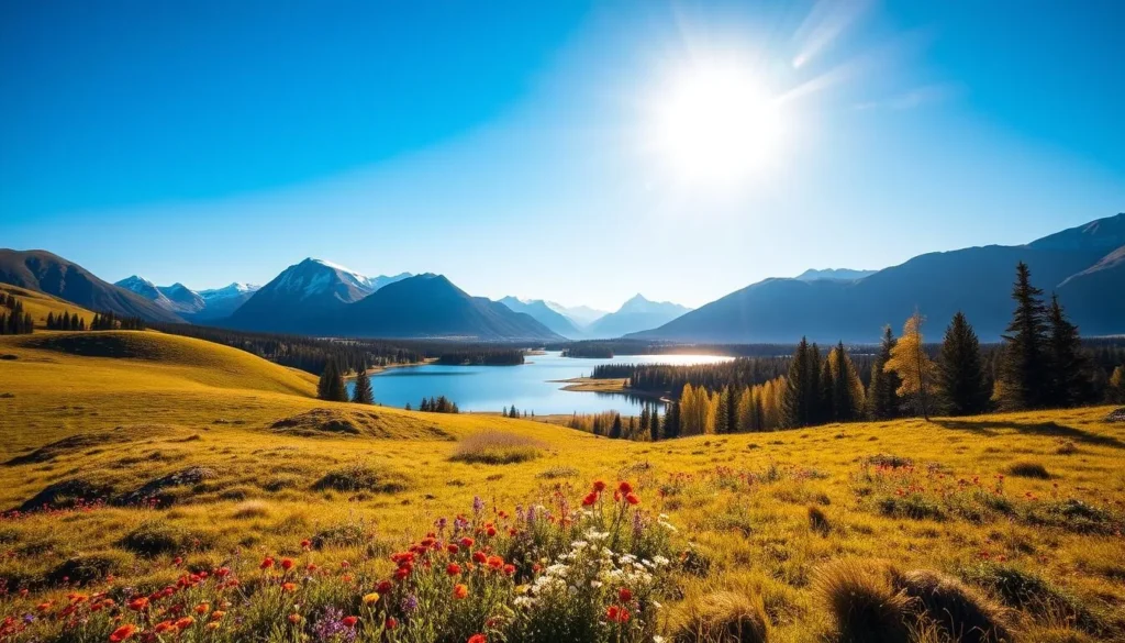 A sun-drenched meadow in Innlandet County, Norway, with rolling hills and vibrant wildflowers in the foreground. In the middle ground, a tranquil lake reflects the surrounding trees and mountains, bathed in warm, golden light. The background features majestic, snow-capped peaks silhouetted against a clear, azure sky. The scene exudes a serene, summertime atmosphere, inviting the viewer to immerse themselves in the beauty of this picturesque Norwegian landscape.