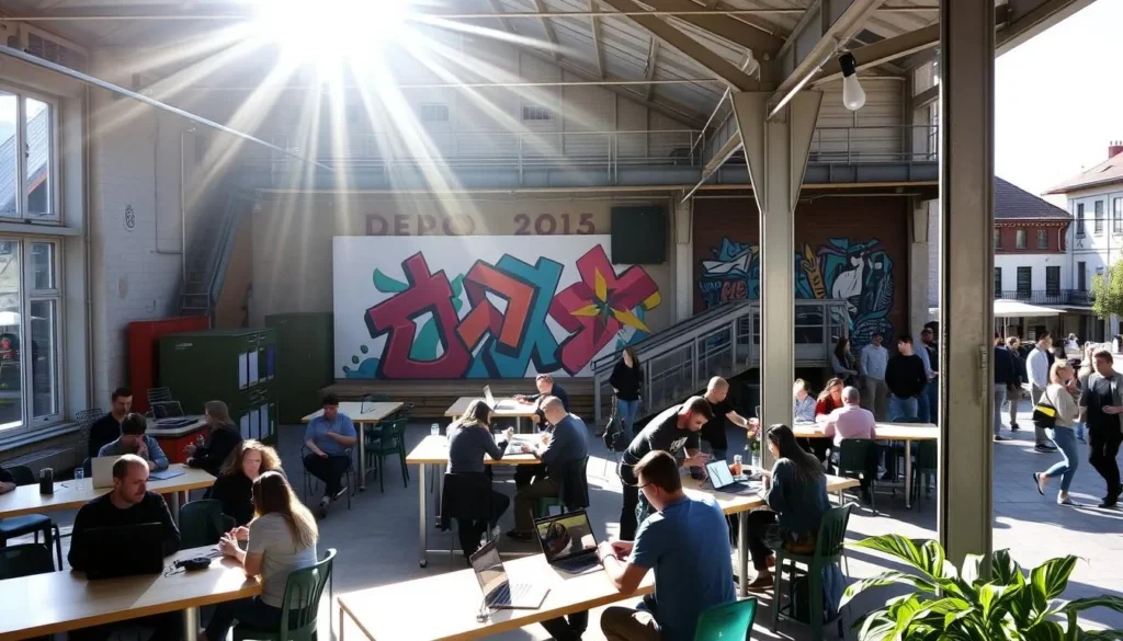 A sun-drenched, modern creative space nestled in the heart of Plzen, Czech Republic. The DEPO2015 facility stands as a beacon of the city's alternative side, its industrial-chic architecture and vibrant murals inviting visitors to explore. In the foreground, groups of creatives collaborate at communal tables, laptops open and ideas flowing. Sunlight filters through large windows, casting a warm glow over the scene. In the middle ground, a colorful mural adorns the wall, its abstract shapes and bold hues adding to the dynamic atmosphere. The background reveals a lively courtyard, where people mingle and relax, surrounded by the buzz of this thriving hub of creativity and innovation.