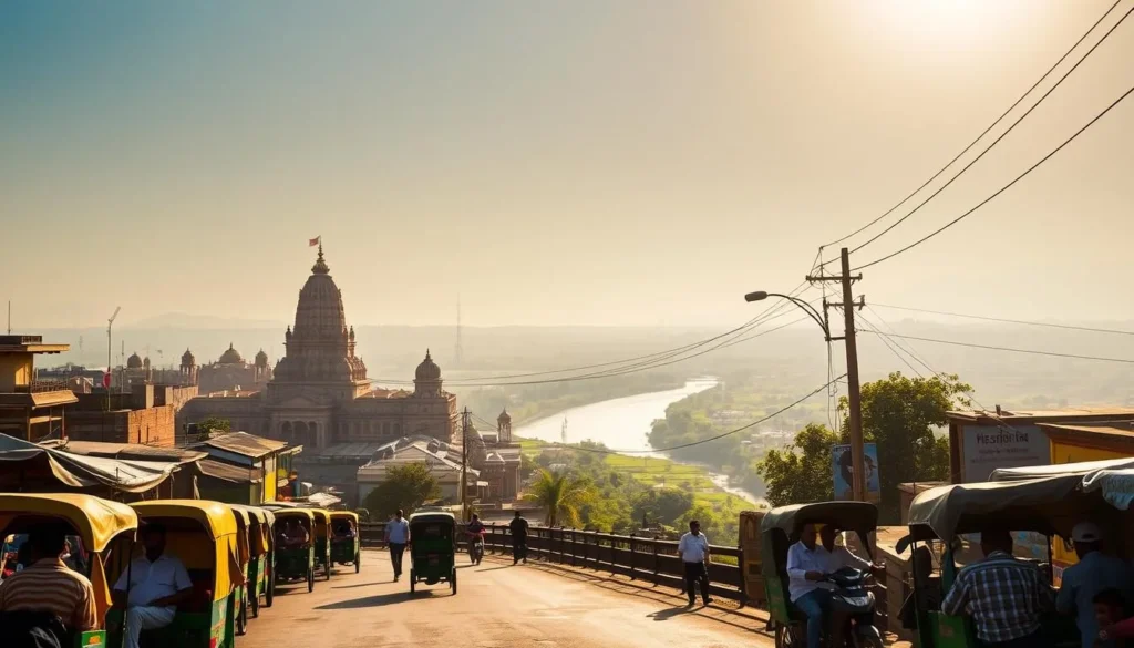 A sun-drenched morning in Firozabad, Uttar Pradesh, where the city's iconic glass factories and vibrant markets come alive. In the foreground, a bustling street scene with colorful rickshaws, local vendors, and pedestrians going about their daily routines. The middle ground showcases the city's architectural gems, including ornate temples and historic buildings, bathed in warm, golden light. In the background, a serene river meanders through lush, verdant landscapes, creating a tranquil and picturesque backdrop. The scene exudes a sense of energy, culture, and the perfect blend of urban and natural elements, inviting visitors to immerse themselves in the best time to explore Firozabad.