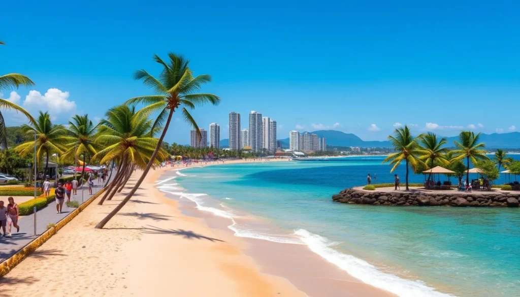 A sun-drenched, pristine beach in Balneario Camboriu, Brazil. Crystalline azure waters gently lapping at golden sands, framed by lush palm trees swaying in the gentle breeze. Beachgoers stroll along the promenade, enjoying the warm, inviting atmosphere. In the distance, the iconic high-rise buildings of the city's skyline stand tall, creating a picturesque backdrop. Vibrant yet tranquil, this scene captures the essence of Balneario Camboriu's idyllic coastal charm.