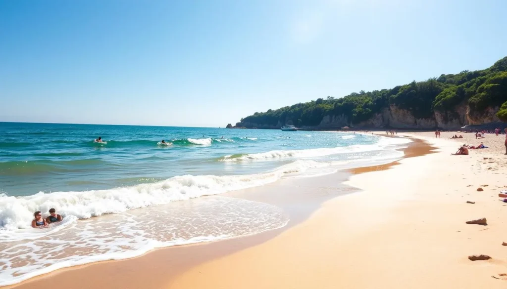 A sun-drenched sandy beach on Martha's Vineyard, Massachusetts. Crystal blue waves gently lapping the shore, with a few beachgoers enjoying the warm summer day. In the background, lush green foliage and picturesque cliffs frame the scene. Bright, natural lighting bathes the landscape, creating a serene and inviting atmosphere. The camera angle captures the tranquil beauty of this quintessential New England beach setting, perfect for a weather-savvy vacation during the peak summer months.