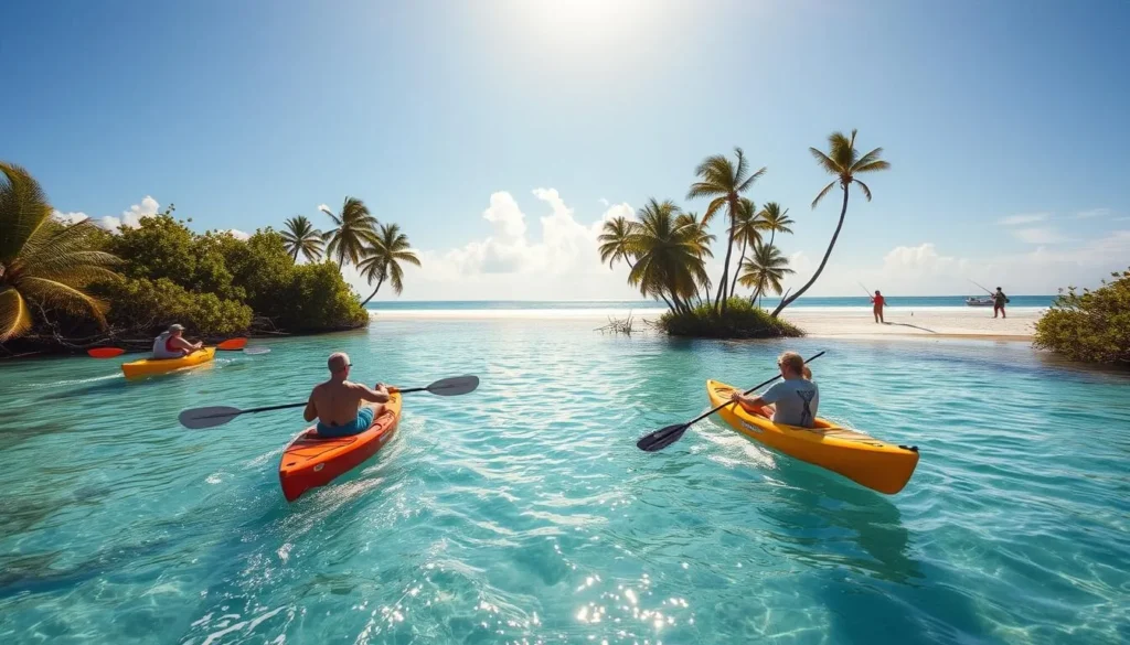 A sun-drenched scene of Big Pine Key, Florida, where azure waters and lush mangroves set the stage for an array of captivating outdoor activities. In the foreground, kayakers glide effortlessly through the calm, crystalline lagoon, while in the middle ground, anglers cast their lines, hoping to reel in a prized catch. The background features a picturesque beach, with palm trees swaying gently in the warm breeze, inviting visitors to relax and soak up the laid-back island atmosphere. The image is captured with a wide-angle lens, highlighting the breathtaking natural beauty of this tropical paradise, bathed in the soft, golden glow of the sun.