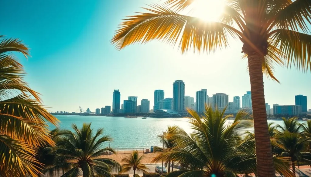 A sun-drenched scene of Tampa, Florida, captured on a picture-perfect day. In the foreground, lush, swaying palm trees sway gently in a warm coastal breeze. The middle ground features a serene waterfront, with glistening waves lapping at the sandy shores. In the background, the iconic skyline of downtown Tampa rises, its modern skyscrapers bathed in the golden glow of the afternoon sun. The lighting is soft and diffused, creating a warm, inviting atmosphere. The camera angle is slightly elevated, providing a panoramic view that showcases the city's natural beauty and temperate climate.