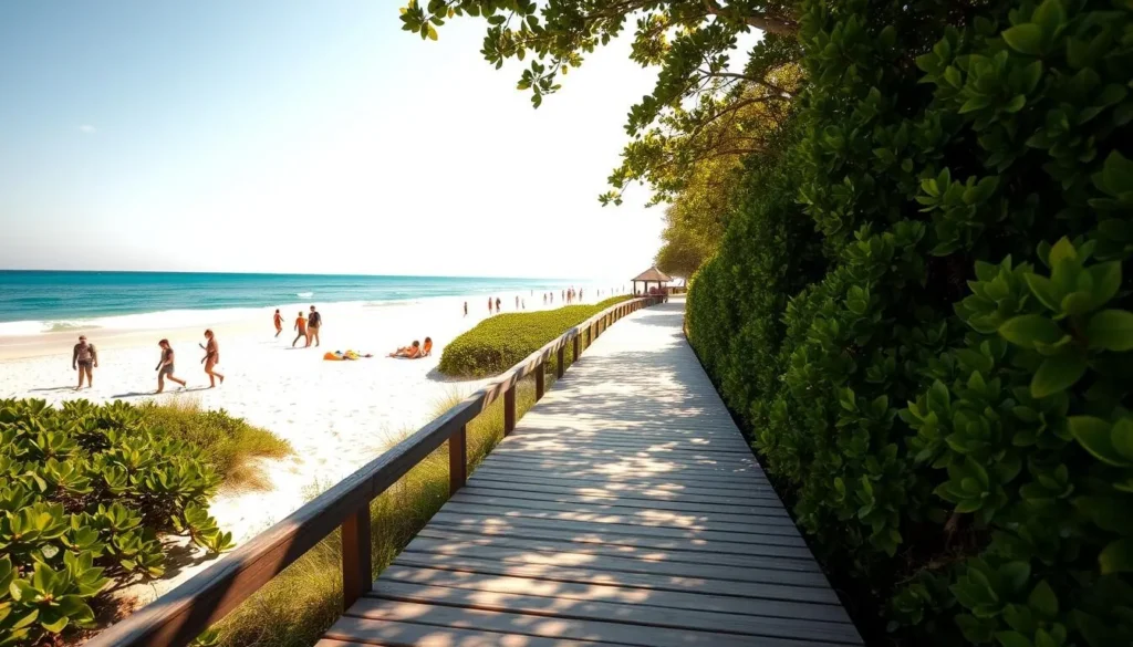 A sun-drenched scene of a well-maintained wooden boardwalk leading to a pristine sandy beach. The path is flanked by lush, verdant foliage, casting soft shadows on the planks. In the distance, the Atlantic Ocean shimmers in shades of turquoise and azure, gently lapping at the shoreline. Beachgoers stroll along the shore, some lounging on colorful towels, others splashing in the refreshing waters. The lighting is warm and golden, creating a peaceful, inviting atmosphere. The camera angle is set at eye-level, capturing the scene with a sense of depth and perspective.