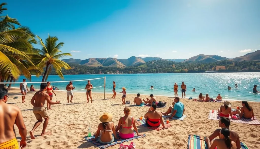 A sun-drenched scene of summer activities in Paraguay. In the foreground, a group of people engage in a lively game of beach volleyball, their tanned bodies in motion against a backdrop of swaying palm trees. In the middle ground, families lounge on colorful towels, sipping on refreshing drinks as children splash in the clear, turquoise waters of a pristine lake. The distant horizon is dotted with rolling hills, their lush, verdant slopes basking in the warm, golden light of the afternoon sun. The atmosphere is one of relaxation, joy, and a celebration of the vibrant Paraguayan summer.
