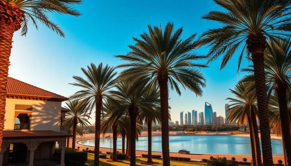 A sun-drenched scene of the United Arab Emirates during its ideal weather months. A serene oasis with towering palm trees casting long shadows over a tranquil desert landscape. In the foreground, a traditional Arabian-style building with ornate architectural details shimmers in the warm, golden light. In the middle ground, a serene body of water reflects the clear, azure sky above. In the distance, the iconic silhouettes of skyscrapers and modern landmarks rise up, creating a harmonious blend of old and new. The overall mood is one of relaxation, comfort, and the perfect climate for a weather-savvy trip to the UAE.