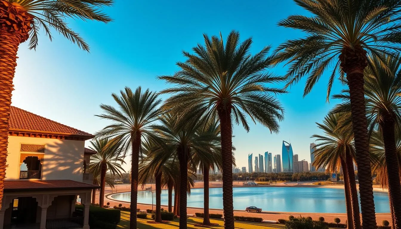 A sun-drenched scene of the United Arab Emirates during its ideal weather months. A serene oasis with towering palm trees casting long shadows over a tranquil desert landscape. In the foreground, a traditional Arabian-style building with ornate architectural details shimmers in the warm, golden light. In the middle ground, a serene body of water reflects the clear, azure sky above. In the distance, the iconic silhouettes of skyscrapers and modern landmarks rise up, creating a harmonious blend of old and new. The overall mood is one of relaxation, comfort, and the perfect climate for a weather-savvy trip to the UAE.