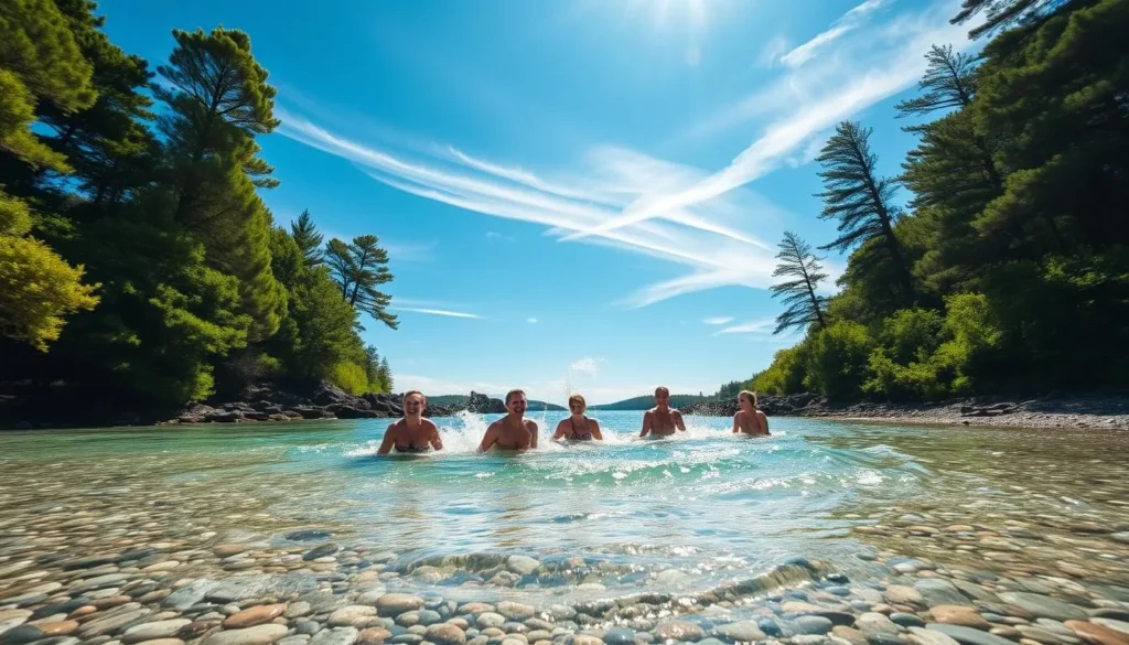 A sun-drenched scene on Varmdo Island's pristine shores. Sparkling azure waters lap gently against a pebbled beach, surrounded by lush, verdant foliage. In the foreground, a group of people splash and play, their laughter echoing across the tranquil setting. Captured through a wide-angle lens, the image showcases the idyllic summer atmosphere, with warm golden light filtering through wispy clouds above. Towering pine trees line the background, their verdant boughs swaying softly in a gentle breeze. The overall mood is one of relaxation, joy, and the pure delight of an island getaway in the heart of the Swedish summer.