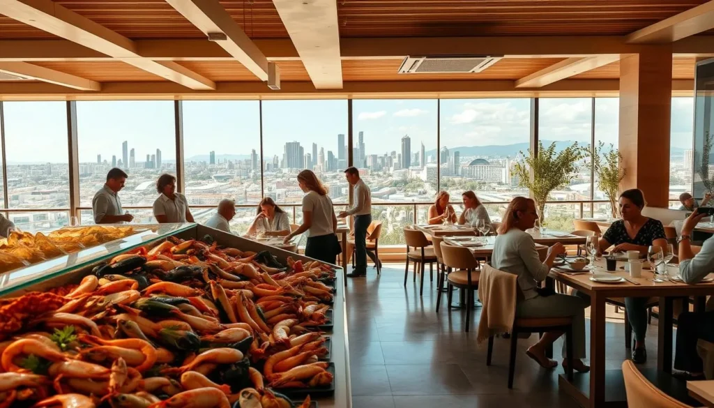 A sun-drenched seafood restaurant in Brasilia, Brazil, showcasing an array of dietary options. In the foreground, a vibrant display of freshly caught fish, shrimp, and mollusks. In the middle ground, servers attend to patrons at neatly arranged tables, some enjoying plant-based dishes, others indulging in gluten-free or low-sodium specialties. The background reveals a panoramic view of the city's iconic modernist architecture, bathed in warm, natural lighting. The atmosphere is one of culinary inclusivity, where every diner can savor the flavors of the sea in a visually striking, upscale setting.