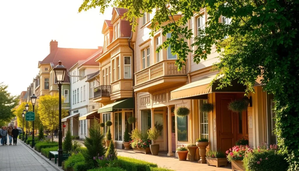 A sun-drenched street in Borås, Sweden, lined with charming hotels and cozy bed and breakfasts. Ornate facades, intricate architectural details, and inviting entryways create a welcoming atmosphere. A mix of traditional Swedish design and modern amenities, the accommodations beckon travelers to experience the city's rich history and vibrant culture. Lush greenery, blooming flowers, and well-maintained gardens provide a serene backdrop, while the warm, golden light casts a peaceful glow over the scene. This picturesque setting captures the essence of Borås' hospitality, inviting visitors to immerse themselves in the local charm and unwind in the heart of this captivating Swedish city.