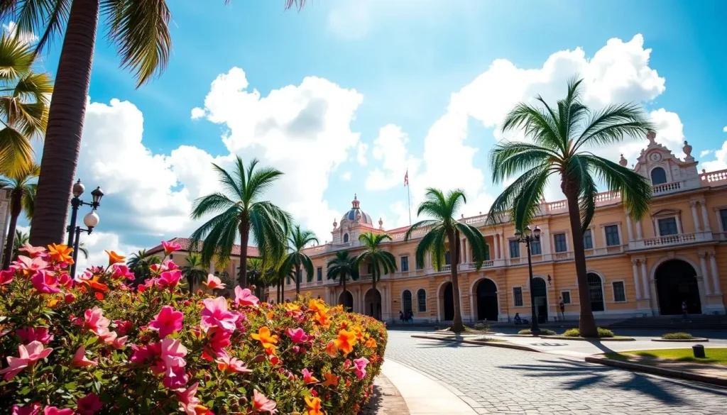 A sun-drenched street in Caracas, Venezuela, during the dry season. In the foreground, vibrant flowers bloom in a well-tended garden, their petals gently swaying in the warm breeze. Tall, graceful palm trees line the sidewalk, casting delicate shadows on the cobblestone path. In the middle ground, pastel-colored colonial buildings stand proud, their ornate facades reflecting the city's rich architectural heritage. The sky is a brilliant azure, with fluffy white clouds drifting lazily overhead, illuminating the scene with a soft, warm glow. The atmosphere is one of tranquility and timeless charm, inviting the viewer to explore the vibrant heart of Caracas.
