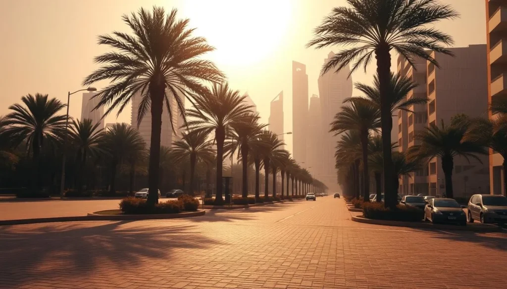 A sun-drenched street in Doha, Qatar on a sweltering summer day. In the foreground, the scorching pavement radiates heat, while the middle ground features clusters of palm trees swaying gently in the warm breeze. In the background, the skyline is dominated by the gleaming, modern high-rises that characterize the Qatari capital. The scene is bathed in a golden, hazy light, conveying the oppressive yet mesmerizing atmosphere of a Qatari summer. The overall mood is one of tranquility and serenity, despite the intense heat.