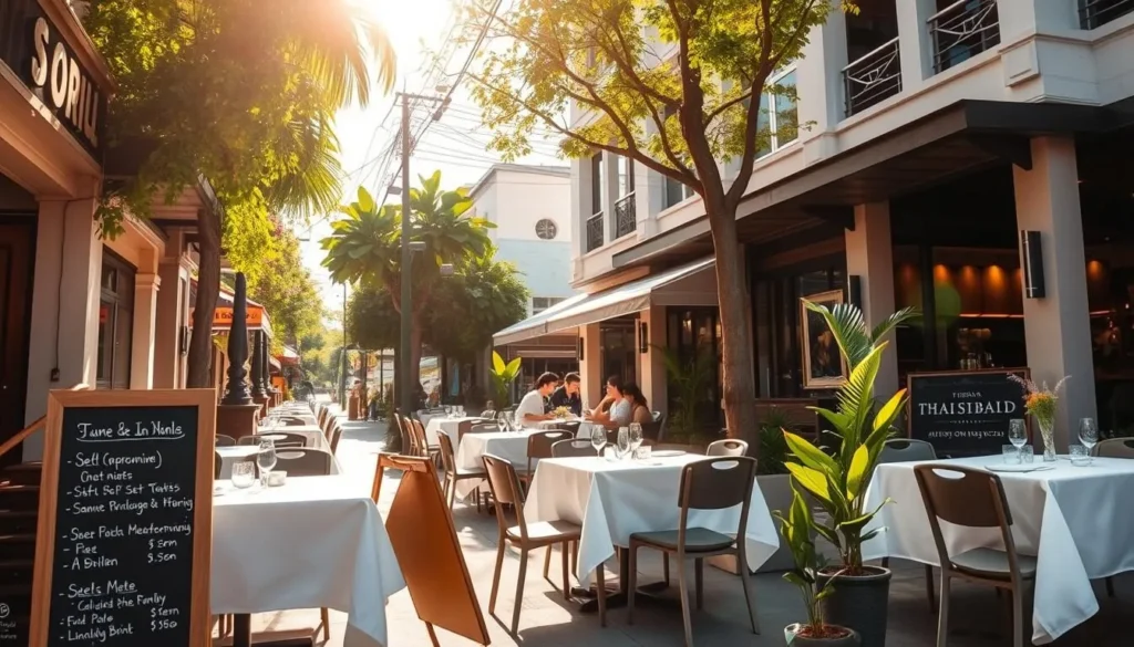 A sun-drenched street in a vibrant Thai neighborhood, pristine white tablecloths grace the outdoor seating areas of three distinct restaurants. In the foreground, a chalkboard menu displays affordable set meal options, while the middle ground showcases a more upscale establishment with elegant decor and attentive servers. In the background, a high-end eatery stands out with its modern architecture and sophisticated ambiance, hinting at a premium dining experience. Warm lighting, lush greenery, and the aroma of fragrant Thai spices create an inviting atmosphere, catering to a range of budgets and tastes.