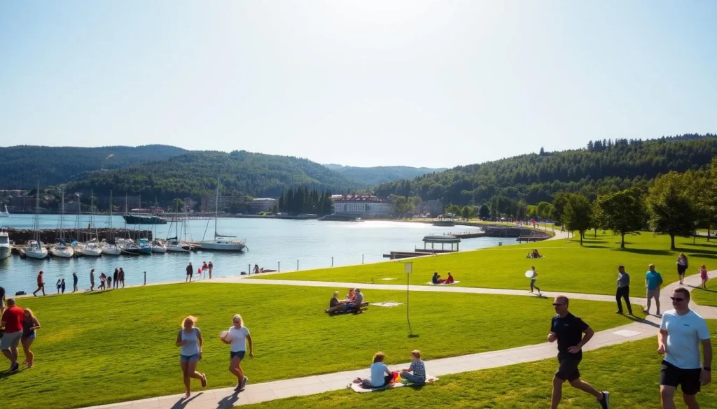 A sun-drenched summer day in Drammen, Norway. In the foreground, people stroll along the picturesque waterfront, enjoying the gentle breeze and the tranquil reflections of the boats in the harbor. In the middle ground, families picnic on the lush green grass, children play frisbee, and joggers stride past. In the background, the rolling hills and dense forests create a serene and idyllic backdrop, bathed in warm, golden light. The scene conveys a sense of relaxation, leisure, and the vibrant energy of a thriving summer community.