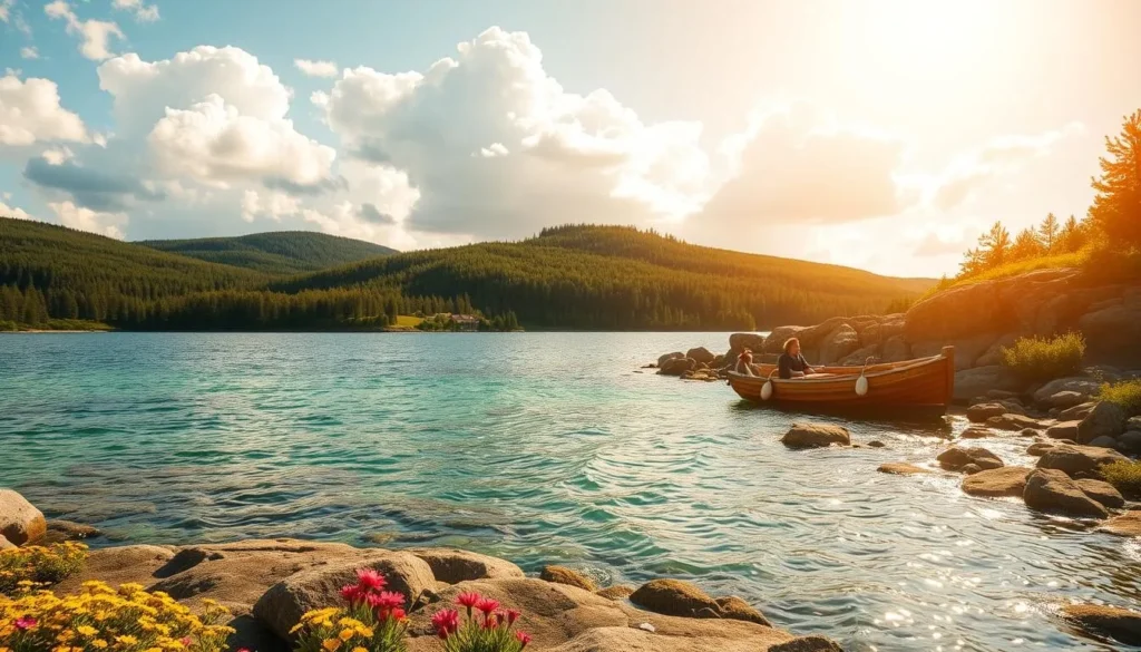 A sun-drenched summer scene at an idyllic Finnish archipelago, with crystal-clear waters lapping against rocky shores dotted with vibrant wildflowers. In the foreground, a small wooden boat drifts peacefully, its occupants enjoying the tranquil atmosphere. The middle ground features rolling hills covered in verdant forests, while the background showcases a dramatic sky with fluffy white clouds. Warm, golden light bathes the entire landscape, creating a serene and inviting atmosphere. The image should convey the natural beauty and peaceful ambiance of the Archipelago National Park during the summer months. A sun-drenched summer scene at an idyllic Finnish archipelago, with crystal-clear waters lapping against rocky shores dotted with vibrant wildflowers. In the foreground, a small wooden boat drifts peacefully, its occupants enjoying the tranquil atmosphere. The middle ground features rolling hills covered in verdant forests, while the background showcases a dramatic sky with fluffy white clouds. Warm, golden light bathes the entire landscape, creating a serene and inviting atmosphere. The image should convey the natural beauty and peaceful ambiance of the Archipelago National Park during the summer months.