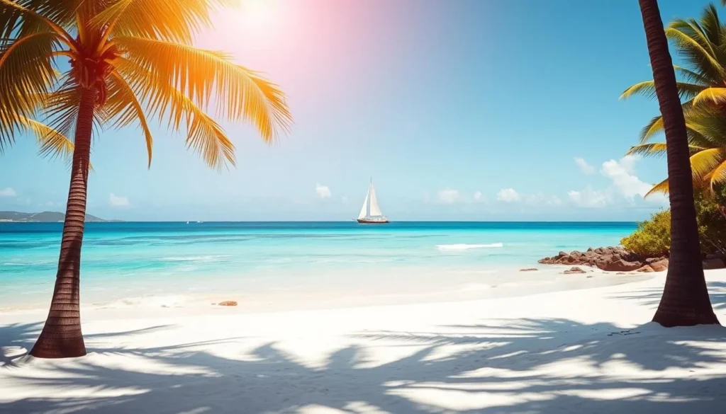 A sun-drenched tropical beach in Anguilla, with soft white sand and azure waters lapping at the shore. Palm trees sway gently in the warm breeze, casting gentle shadows across the scene. In the distance, a picturesque sailboat glides across the horizon, its sails billowing in the wind. The lighting is natural and golden, creating a serene and inviting atmosphere. The composition features a balanced foreground, middle ground, and background, capturing the essence of Anguilla's idyllic, weather-perfect setting.
