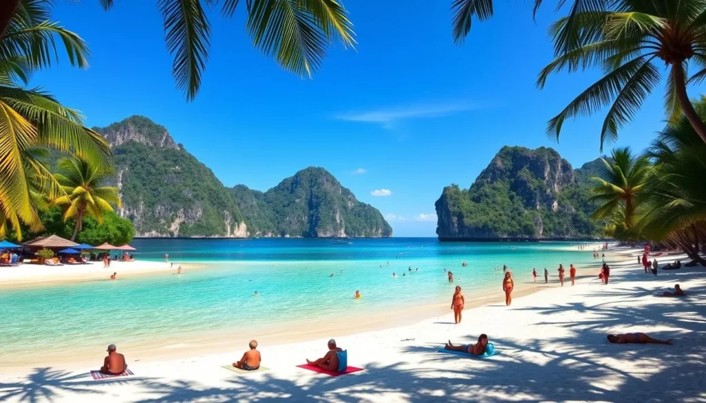 A sun-drenched tropical beach in Krabi, Thailand during peak season. Picturesque limestone cliffs rise majestically in the background, their jagged peaks silhouetted against a clear blue sky. In the foreground, crystal-clear turquoise waters gently lap at the fine, white sand, inviting visitors to dip their toes in the warm embrace of the Andaman Sea. Palm trees sway gently in the soft breeze, casting playful shadows across the bustling beach scene. Sunbathers relax on colorful towels, while adventurous swimmers and snorkelers explore the vibrant coral reefs just offshore. The atmosphere is one of pure relaxation and carefree enjoyment, capturing the essence of Krabi's peak season charm.