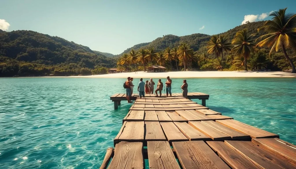 A sun-drenched tropical island, Ilha Rasa comes into view. In the foreground, a weathered wooden dock juts out into crystal-clear turquoise waters, inviting visitors to explore. Mid-frame, a group of locals gather, discussing budget-friendly activities and accommodations. In the background, lush, verdant hills rise up, peppered with swaying palm trees. A warm, golden glow bathes the scene, casting a serene, relaxed atmosphere. Capture the essence of an affordable, authentic island adventure on Ilha Rasa.