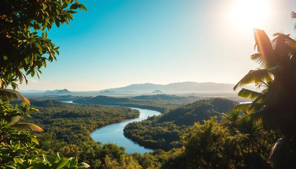 A sun-drenched tropical landscape in Suriname, with lush, verdant foliage in the foreground and a clear, azure sky overhead. In the middle ground, a winding river meanders through the landscape, its calm waters reflecting the surrounding environment. In the distance, rolling hills and mountains rise up, their peaks bathed in warm, golden light. The scene is illuminated by soft, natural lighting, creating a serene and inviting atmosphere. The overall mood is one of tranquility and natural beauty, perfectly capturing the ideal weather conditions for a weather-savvy trip to this enchanting South American country.