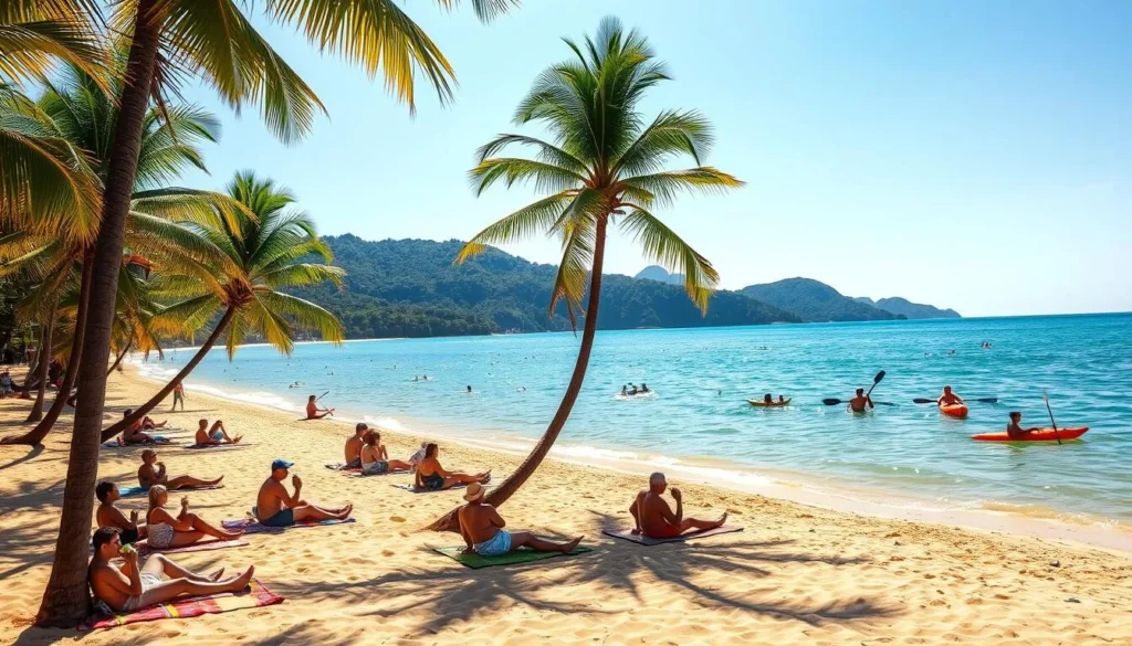 A sun-drenched tropical paradise, Ilha de Paqueta's pristine beaches stretch along the sparkling azure waters of Guanabara Bay. Fine golden sand gives way to lush palm trees swaying in the gentle breeze. In the foreground, sunbathers relax on colorful towels, sipping fresh coconut water. The middle ground reveals swimmers and kayakers enjoying the tranquil, crystalline waves. In the background, the verdant hills of the island's interior rise up, shrouded in a hazy tropical haze. Soft, warm lighting bathes the entire scene, creating a serene, idyllic atmosphere.