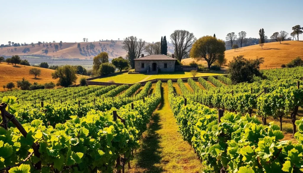 A sun-drenched vineyard nestled in the rolling hills of Carmelo, Uruguay. In the foreground, lush rows of verdant vines laden with ripe, plump grapes stretch out across the gently sloping terrain. In the middle ground, a traditional stone winery stands proud, its weathered facade bathed in warm, golden light. Beyond, the distant horizon is punctuated by the silhouettes of towering eucalyptus trees, their elegant branches swaying gently in the crisp, refreshing breeze. The overall scene conveys a sense of tranquility and timeless beauty, inviting the viewer to immerse themselves in the charm and serenity of this enchanting wine-producing region.
