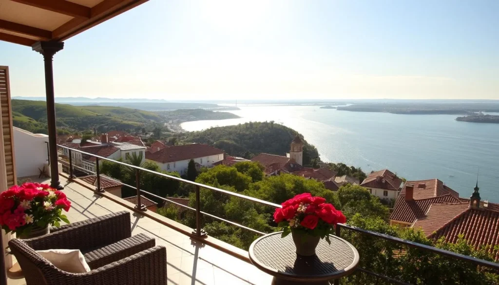 A sun-drenched vista of Carmelo, Uruguay, overlooking the gently flowing Rio de la Plata. In the foreground, a cozy terrace with wicker furniture and a vibrant floral arrangement invites visitors to plan their journey. The middle ground features lush green hills dotted with charming colonial-style buildings, their red-tiled roofs and whitewashed walls reflecting the warm afternoon light. In the distance, the shimmering river and the silhouette of the opposite shore create a serene and tranquil atmosphere, perfect for envisioning the adventures that await in this picturesque riverside town.