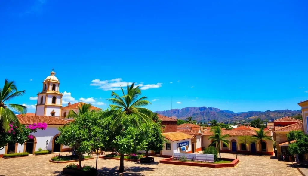A sun-drenched vista of Coro's historic colonial architecture under a cloudless azure sky. In the foreground, a picturesque plaza with quaint cobblestone paths, dotted with the vibrant hues of blooming flowers and lush tropical foliage. The middle ground reveals the iconic bell towers and terracotta roofs of Coro's UNESCO-protected buildings, bathed in the warm glow of the afternoon sun. In the distance, the rugged yet serene hills of the surrounding Paraguaná Peninsula provide a majestic backdrop, hinting at the region's natural splendor. The scene exudes a sense of tranquility and timeless beauty, inviting the viewer to discover the hidden charms of this Venezuelan gem.