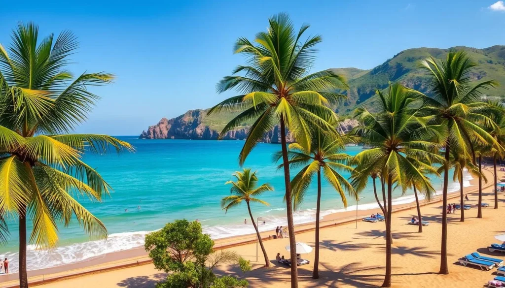 A sun-drenched vista of the pristine La Guaira beaches, nestled along the Caribbean coastline of Venezuela. Picturesque palm trees sway gently in the warm breeze, casting dappled shadows on the golden sands below. Turquoise waters lap the shore, inviting swimmers and beach-goers to enjoy the idyllic scene. In the middle ground, beachgoers stroll along the promenade, soaking in the salty air and relaxed atmosphere. The background features rugged, verdant hills that rise up behind the beach, creating a stunning natural backdrop. The lighting is soft and even, highlighting the vibrant colors and creating a serene, tranquil mood.
