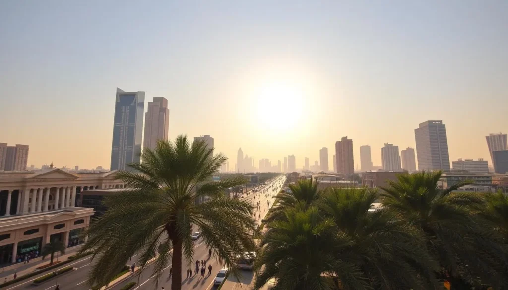 A sun-kissed skyline over the majestic architecture of Riyadh, Saudi Arabia. Towering skyscrapers cast long shadows on the bustling streets below, where locals and visitors alike bask in the warm, dry air. In the foreground, a lush oasis of palm trees sways gently, providing a cool respite from the golden afternoon light. The scene exudes an air of tranquility and serenity, perfectly capturing the ideal weather-savvy experience in this dynamic desert metropolis.