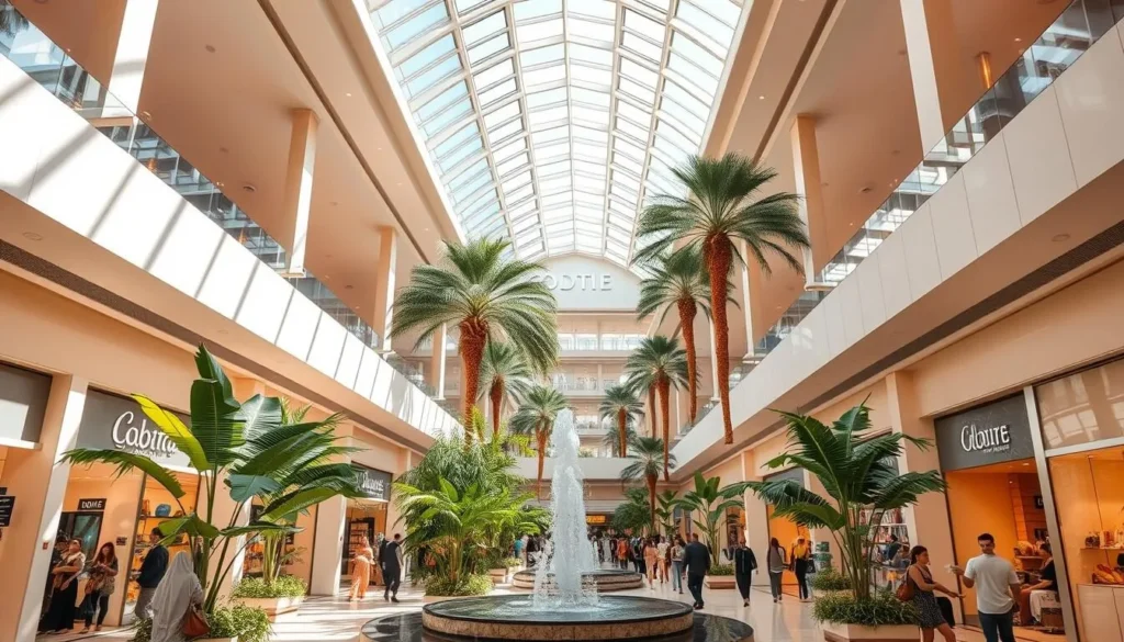 A sunlit atrium in a modern Dubai shopping mall, with lush indoor foliage and a glistening water feature in the center. Shoppers leisurely stroll through the spacious corridors, browsing high-end boutiques and sipping refreshing beverages. Skylights flood the scene with warm, natural light, casting soft shadows and creating a serene, relaxing ambiance. Sleek, contemporary architecture frames the space, with clean lines and muted tones that complement the verdant plantlife. The overall impression is one of an oasis of calm, shielding visitors from the intense desert heat outside.