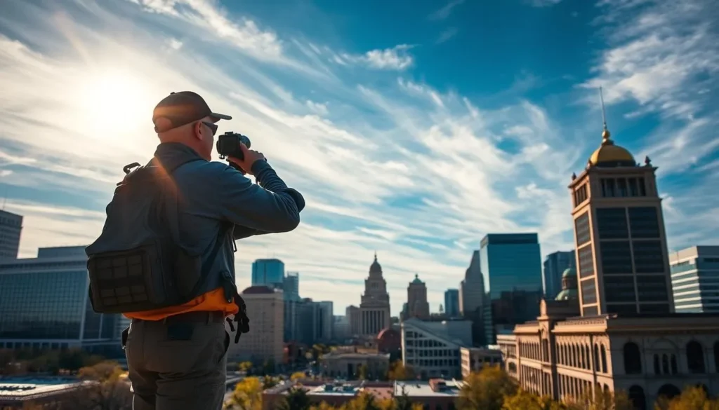 A sunlit cityscape of Kansas City, Missouri, with majestic skyscrapers and iconic architecture in the background. In the foreground, a well-equipped storm chaser stands vigilant, scanning the horizon for signs of severe weather. The sky is a captivating blend of azure and wispy clouds, hinting at the potential for thunderstorms. The scene conveys a sense of preparedness and resilience, capturing the spirit of a weather-savvy city ready to face the challenges of its unique meteorological landscape.