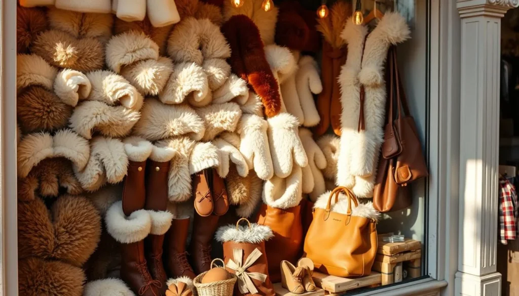 A sunlit display of Gotlandic lambskin products in a cozy Visby storefront. Soft, plush hides are arranged in a visually appealing manner, showcasing their natural textures and earthy tones. Handcrafted leather goods such as slippers, mittens, and bags are interspersed, highlighting the skilled local craftsmanship. The lighting is warm and inviting, creating a welcoming atmosphere. The scene is framed by charming architectural details, giving a glimpse of the historic Visby surroundings. This image captures the essence of shopping for unique, locally-sourced souvenirs in the quaint streets of Sweden's medieval town.