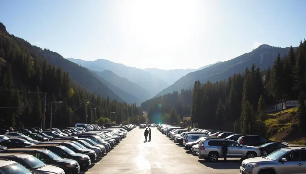 A sunlit parking lot nestled amidst the rugged, pine-clad slopes of Johnson Canyon, Alberta. Rows of vehicles dot the asphalt, their windshields gleaming in the warm, golden light. In the distance, the majestic, snow-capped peaks of the Canadian Rockies rise majestically, framing the scene. Visitors stroll leisurely, taking in the picturesque surroundings before embarking on their canyon adventure. The atmosphere is calm and serene, inviting travelers to pause, take a deep breath, and savor the natural beauty of this stunning wilderness destination.