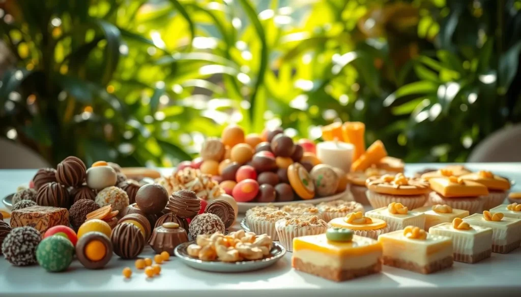 A sunlit table laden with an array of traditional Brazilian desserts, set against a backdrop of lush, verdant foliage. In the foreground, vibrant sweets such as brigadeiros (chocolate fudge balls), beijinhos (coconut candies), and quindim (egg custard tarts) are arranged artfully. The middle ground features a selection of colorful and textured treats, including cocada (coconut balls), pé-de-moleque (peanut brittle), and delicate pastel de nata (Portuguese-style custard tarts). The background evokes a serene, natural setting, with verdant plants and a soft, diffused lighting that creates a warm, inviting atmosphere. The overall composition captures the rich culinary heritage and flavors of traditional Brazilian desserts.