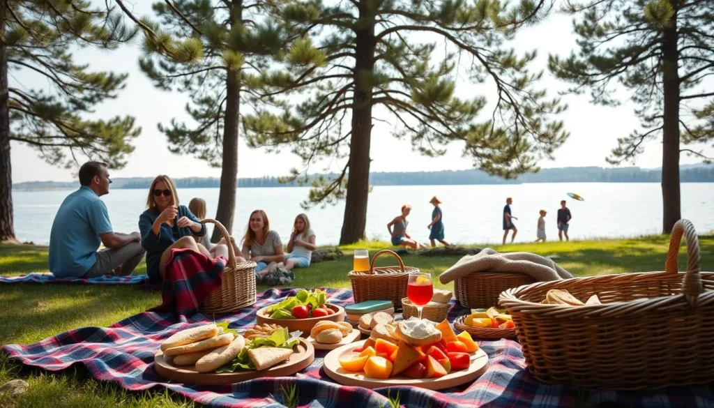 A sunny afternoon by the serene lakeside, a group of friends and families gather for a picnic. In the foreground, a plaid blanket is spread out, laden with an array of delectable dishes - freshly baked bread, crisp salads, and juicy fruits. Nearby, a wicker basket overflows with chilled beverages and a cozy tartan throw. In the middle ground, children play frisbee on the grassy shore, their laughter echoing across the still waters. In the background, towering pine trees frame the picturesque scene, their verdant boughs swaying gently in the soft breeze. Soft, diffused lighting filters through the canopy, casting a warm, golden glow over the idyllic lakeside setting. A sunny afternoon by the serene lakeside, a group of friends and families gather for a picnic. In the foreground, a plaid blanket is spread out, laden with an array of delectable dishes - freshly baked bread, crisp salads, and juicy fruits. Nearby, a wicker basket overflows with chilled beverages and a cozy tartan throw. In the middle ground, children play frisbee on the grassy shore, their laughter echoing across the still waters. In the background, towering pine trees frame the picturesque scene, their verdant boughs swaying gently in the soft breeze. Soft, diffused lighting filters through the canopy, casting a warm, golden glow over the idyllic lakeside setting.