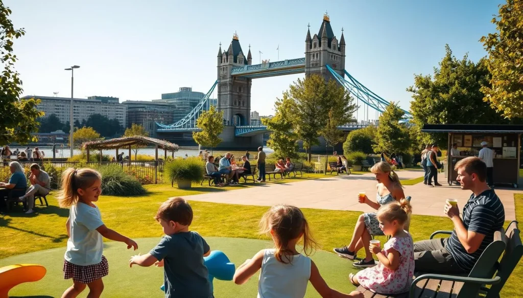 A sunny afternoon in Tower Hamlets, with families enjoying outdoor activities in a lush, vibrant public park. In the foreground, children play on a colorful, modern playground, their laughter filling the air. In the middle ground, parents relax on benches, watching over their little ones while sipping drinks from a nearby food stall. The background reveals a stunning view of the iconic Tower Bridge, its gothic towers rising majestically against a clear blue sky. The scene is bathed in warm, golden light, creating a sense of joy and togetherness that captures the heart of family life in this dynamic London borough.