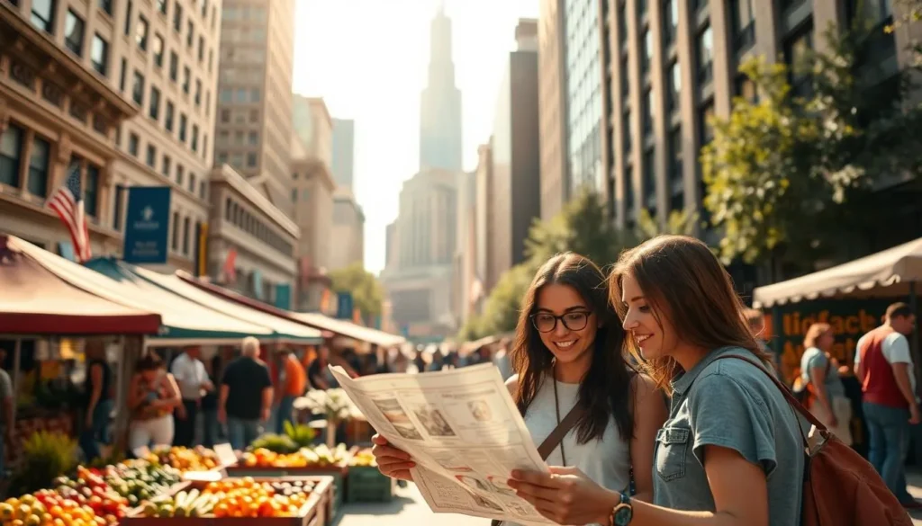 A sunny afternoon in downtown Detroit, Michigan, showcases the city's vibrant architecture and bustling streets. In the foreground, a group of tourists pore over a map, discussing their budget-friendly itinerary. The middle ground features a lively outdoor market, where locals and visitors haggle for fresh produce and handcrafted goods. In the background, the iconic Renaissance Center towers, casting a warm glow over the scene. The lighting is soft and natural, highlighting the city's energy and the visitors' excitement for their cost-conscious adventure. Captured with a wide-angle lens, the image conveys the perfect balance of urban exploration and financial prudence.
