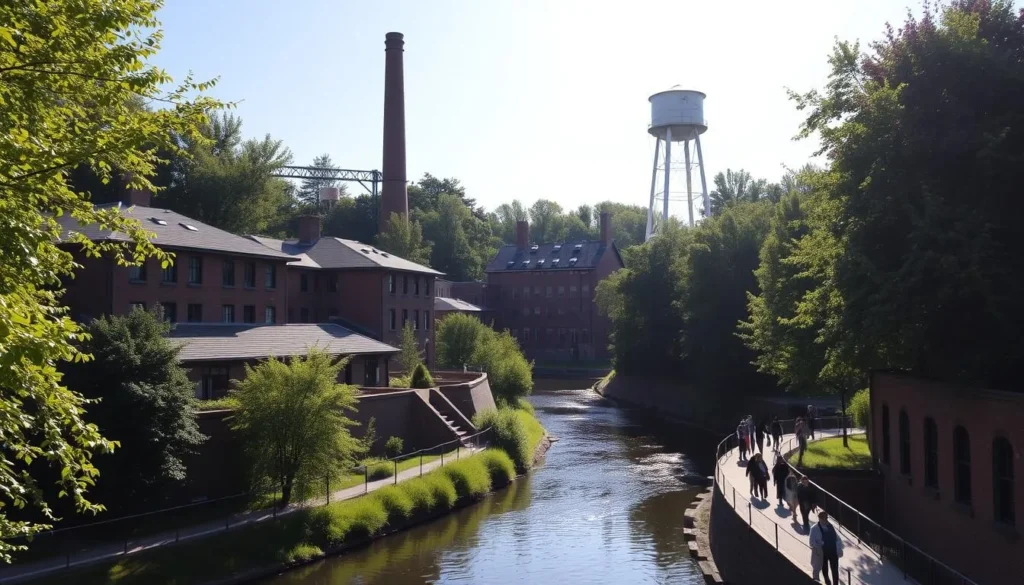 A sunny afternoon in the historic Finlayson Complex, Tampere, Finland. Brick facade buildings surrounded by lush greenery, with a winding river flowing through the center. Capture the warm, inviting atmosphere with soft natural lighting filtering through the trees. Include the iconic smokestack and towering water tower that dominate the skyline. In the foreground, people strolling along the riverbank, enjoying the tranquil setting. Showcase the unique architectural details and industrial heritage that make this area a captivating destination.