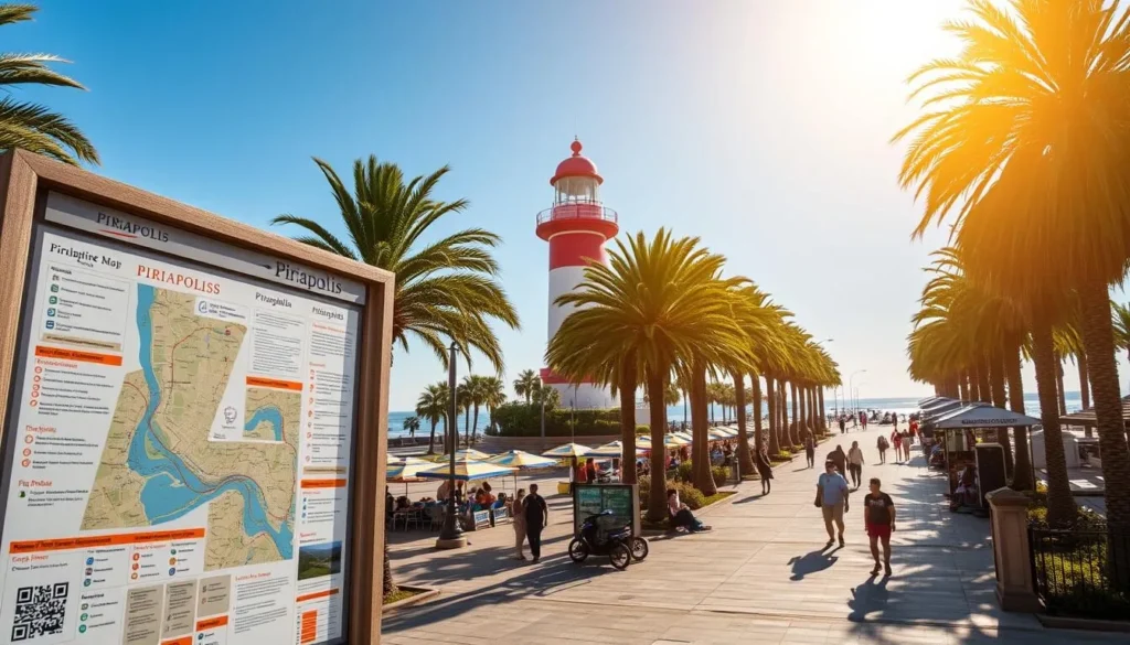 A sunny afternoon in the seaside town of Piriapolis, Uruguay. In the foreground, a well-designed map board with useful visitor information, directional signs, and a QR code for digital resources. The middle ground features a bustling promenade lined with palm trees, colorful umbrellas, and people leisurely strolling. In the background, the iconic Piriapolis lighthouse stands tall, its white and red facade contrasting beautifully against the azure sky. Warm, golden lighting casts a welcoming glow over the scene, capturing the vibrant energy and coastal charm of this picturesque destination.