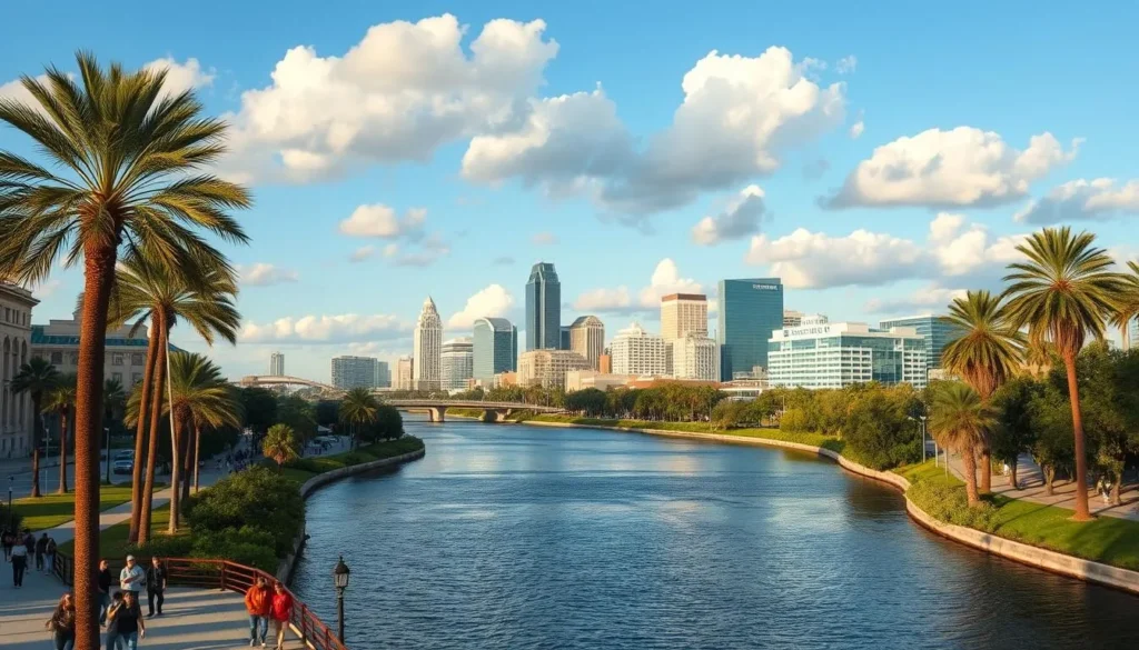 A sunny, crisp winter day in Tampa, Florida. The iconic Hillsborough River winds through the lush, palm-lined cityscape, its waters shimmering under a clear, azure sky. In the foreground, people stroll along the riverwalk, taking in the serene, tranquil atmosphere. Across the river, the Tampa skyline rises, its modern high-rises and historic structures bathed in warm, golden light. Fluffy white clouds drift overhead, casting soft shadows on the bustling streets below. The scene exudes a sense of relaxation and mild weather, perfectly capturing the essence of a Tampa winter.