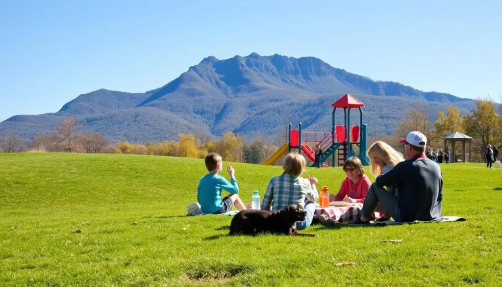 A sunny day at Bear Mountain State Park, New York. In the foreground, a family enjoys a picnic on the lush green grass, with a playful dog by their side. In the middle ground, children frolic on the colorful playground equipment, their laughter echoing through the crisp air. In the background, the majestic Bear Mountain rises, its rugged peaks framed by a clear blue sky. The scene is illuminated by warm, natural lighting, creating a serene and inviting atmosphere for outdoor recreation and family bonding.